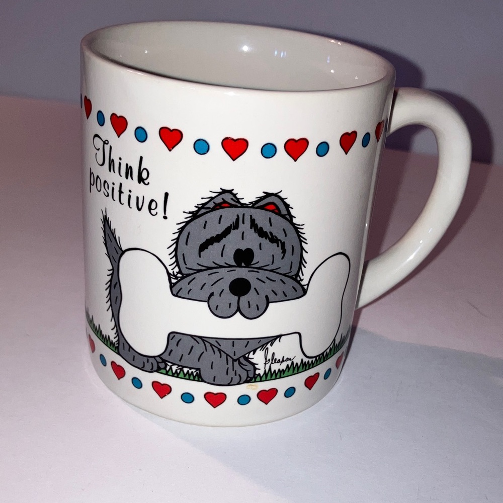 Think Positive Mug - White and Red with Puppy, Bone, Hearts and‎ Flower